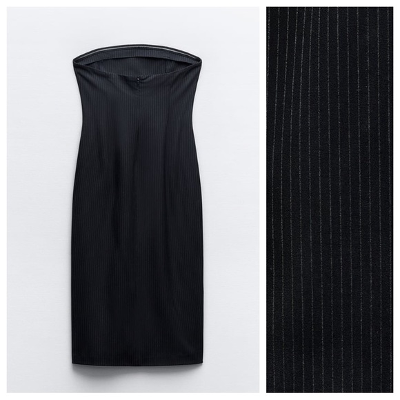 NWT. Zara Black/Ecru Viscose Blend Pinstripe Midi Dress. Size M. - Picture 4 of 9